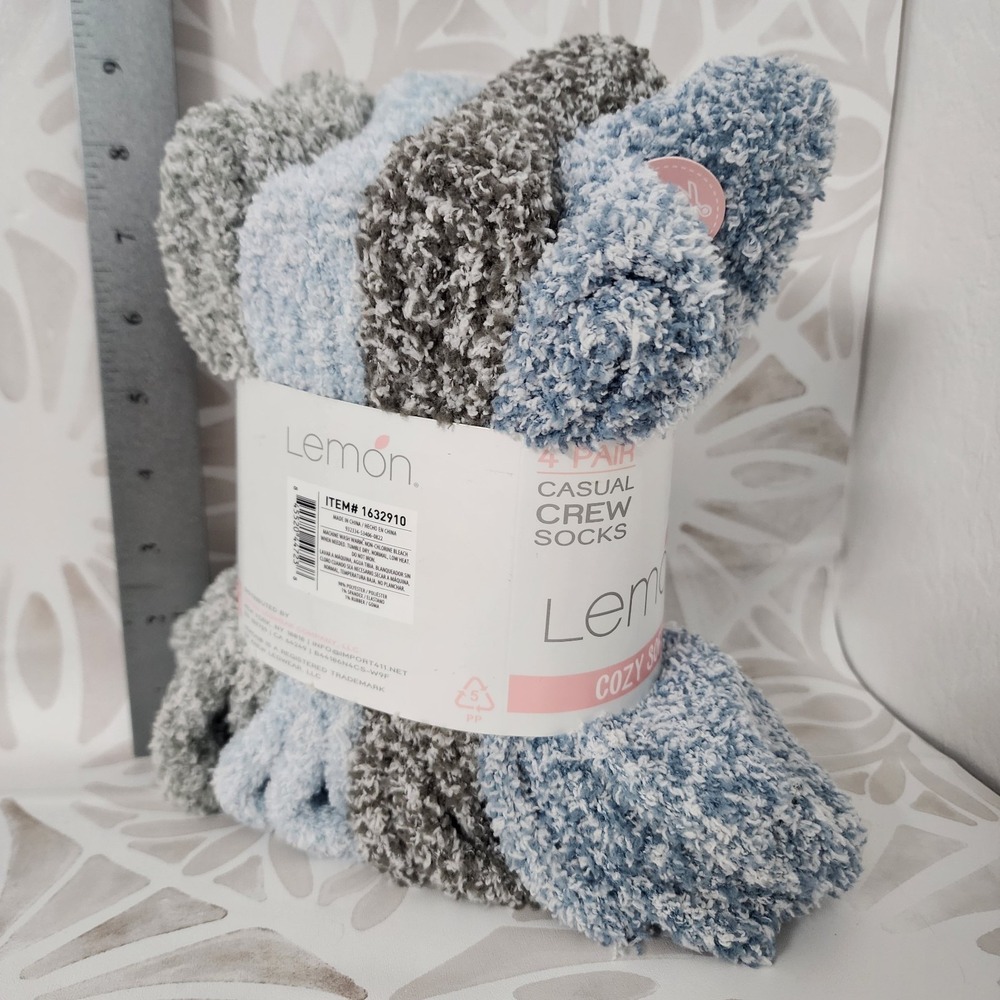 Lemon Cozy Soft Crew Socks Women's 4 Pair Blue Gray Plush Fuzzy Size 5-9.5 - Picture 2 of 5